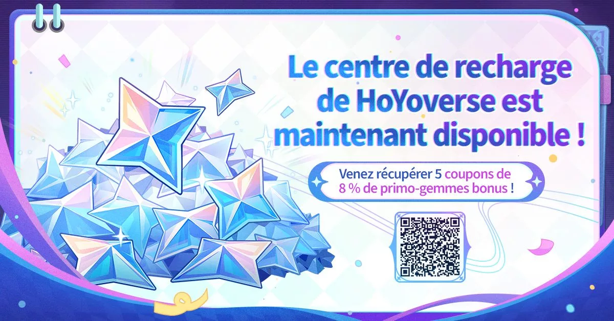 Partagez l’image promotionnelle du centre de recharge de HoYoverse de la version Luna VIII pour gagner des primo-gemmes (Édition I) Partagez l'image promotionnelle du centre de recharge de HoYoverse de la version Luna VIII pour gagner des primo-gemmes (Édition I)