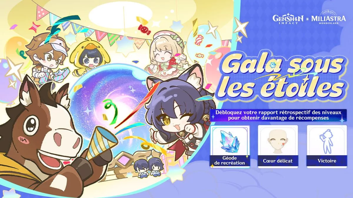 Cher voyageur/Chère voyageuse, plus de contenu de l’événement web « Gala sous les étoiles » est disponible ! Participez pour obtenir des géodes de recréation, des objets du Paradisia milliastral et bi Cher voyageur/Chère voyageuse, plus de contenu de l'événement web « Gala sous les étoiles » est disponible ! Participez pour obtenir des géodes de recréation, des objets du Paradisia milliastral et bi